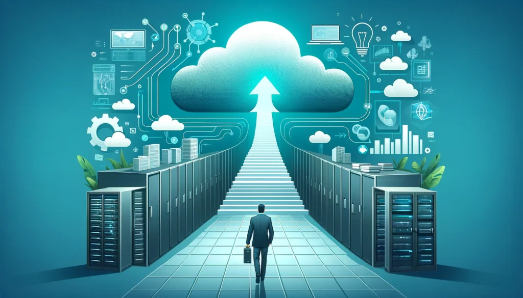Businessman on a path to the cloud for data backup.